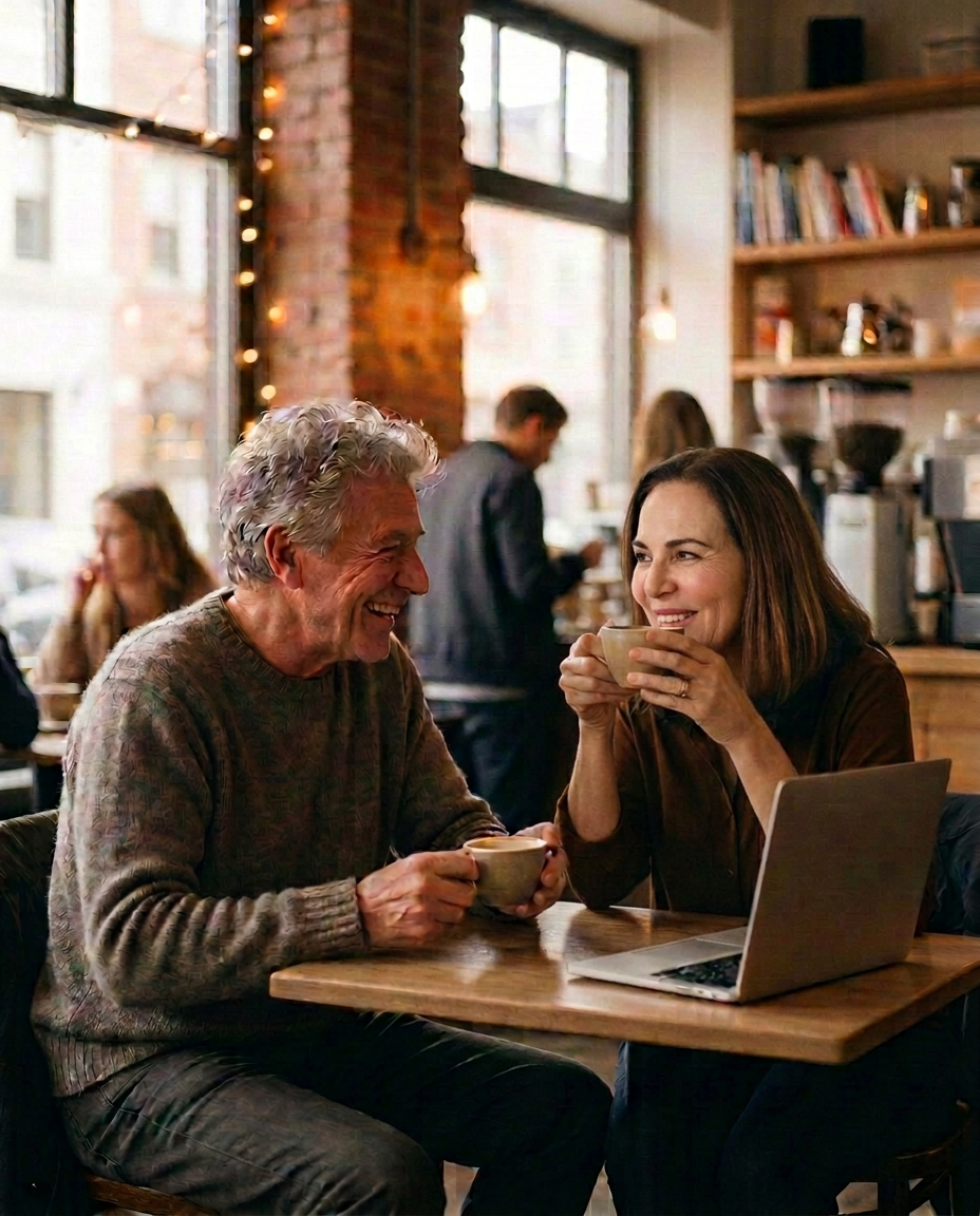 Marcela conversando con un cliente en una cafetería