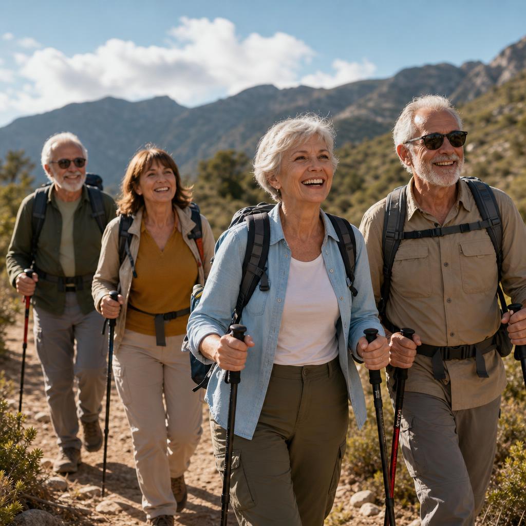 Grupo de adultos mayores sonrientes haciendo trekking